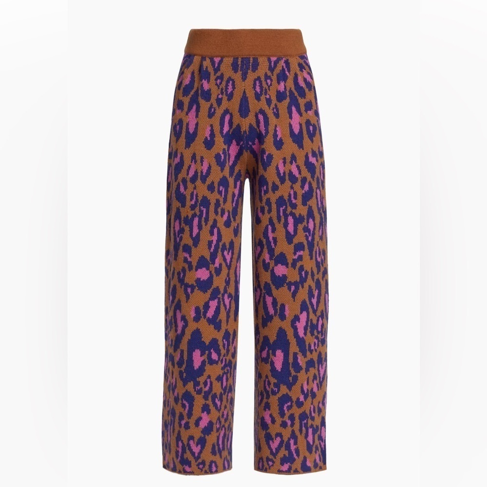 FARM Rio Brown Leopard-Print Knit Wide-Leg Pants with Pink & Navy Spots